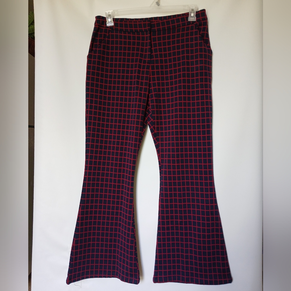 Umgee USA Womens Knit Flare Plaid Pants Size L Color Navy Red